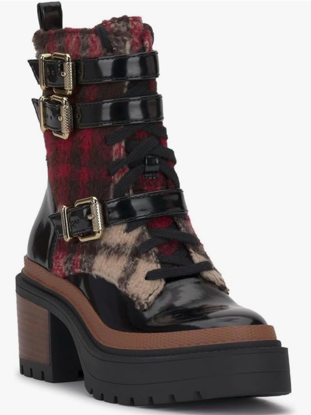 Jessica Simpson Black Patent with Red Plaid Lace-Up Platform Boots